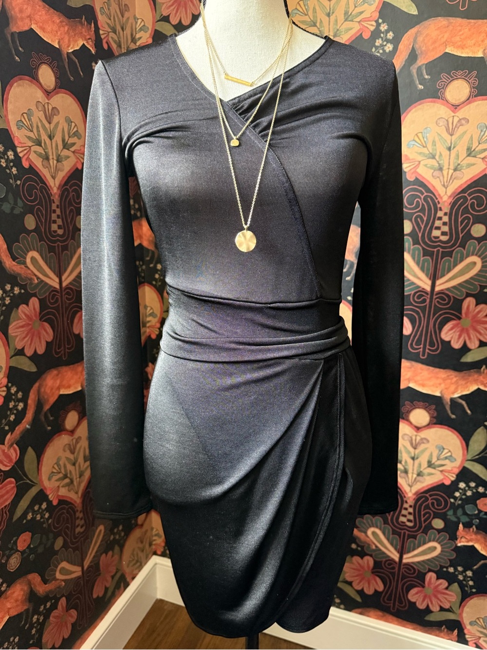 The Kooples Sport Black Dress Size 1 Gathered Stretch Long Sleeves Stretch